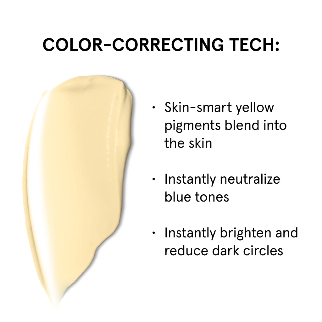 Yellow color-correcting cream swatch with benefits: blends skin, neutralizes blue tones, brightens, reduces dark circles.