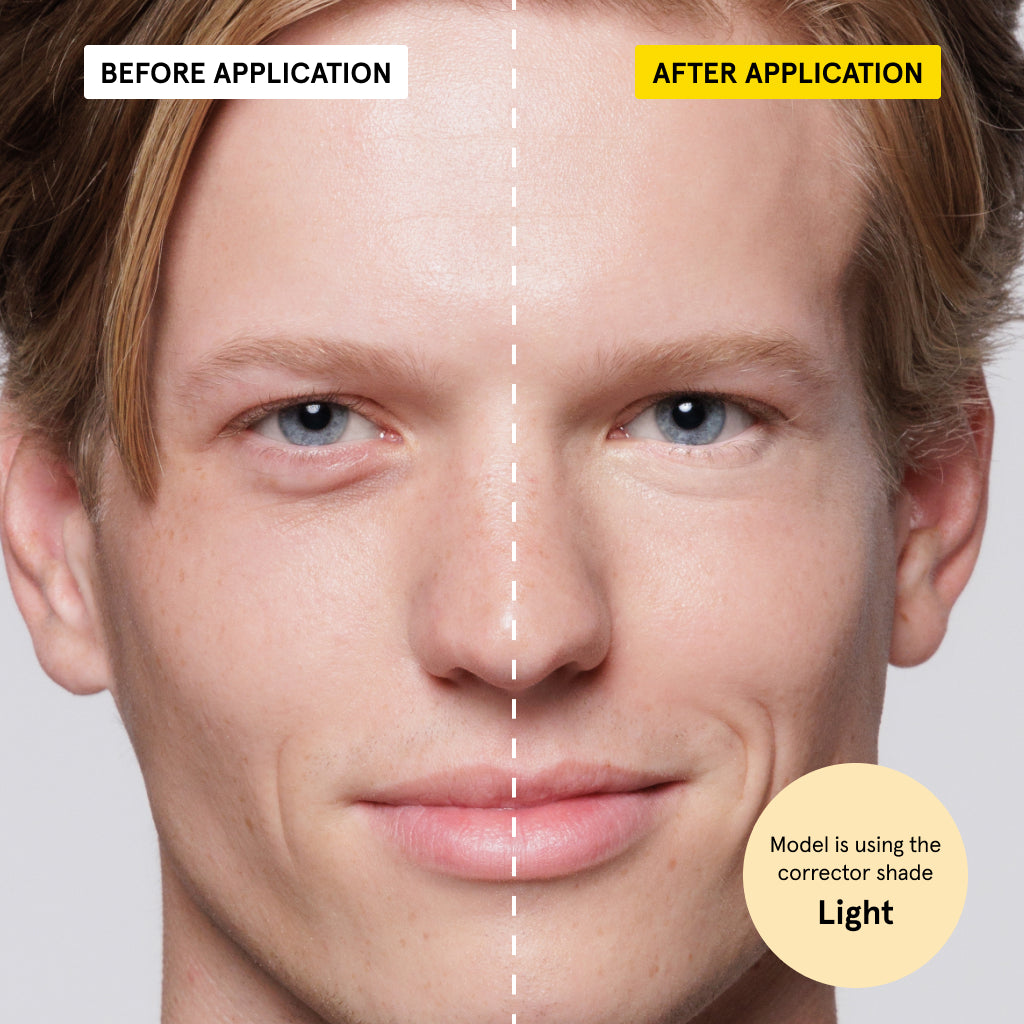 Male model's face showing before and after corrector application with reduced dark circles and even skin tone in light shade.