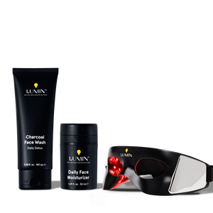 Lumin men's skincare set with charcoal face wash, daily face moisturizer, and LED light therapy mask for detox and hydration.