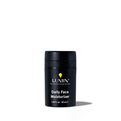 Lumin daily face moisturizer for men in black 50ml bottle, hydrating skincare solution for men’s skin care.
