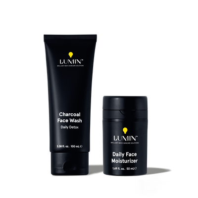 Lumin men's skincare Charcoal Face Wash 100ml and Daily Face Moisturizer 50ml black containers for daily detox and hydration