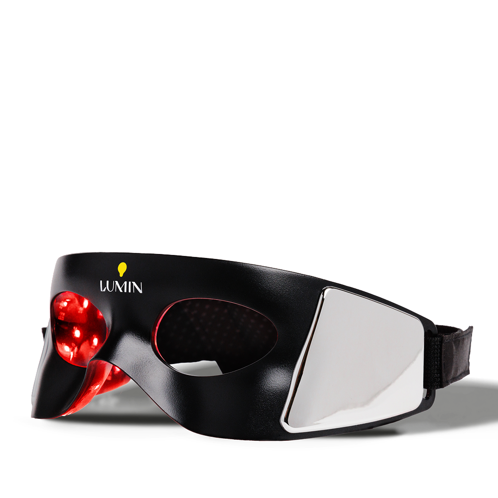 LUMIN black LED light therapy eye mask with red light panels and adjustable strap for skincare and relaxation.