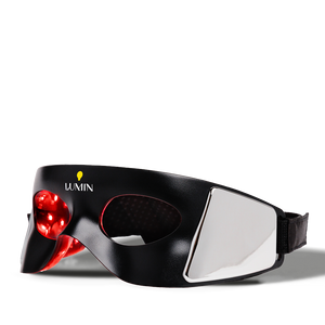 LUMIN black LED light therapy eye mask with red light panels and adjustable strap for skincare and relaxation.