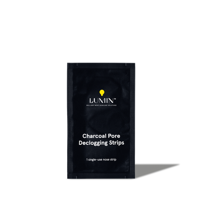 Lumin charcoal pore declogging nose strip for men's skincare, single-use blackhead remover strip packet.